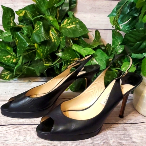 Jimmy Choo Black Leather Peeptoe Slingback Heels - Picture 1 of 16